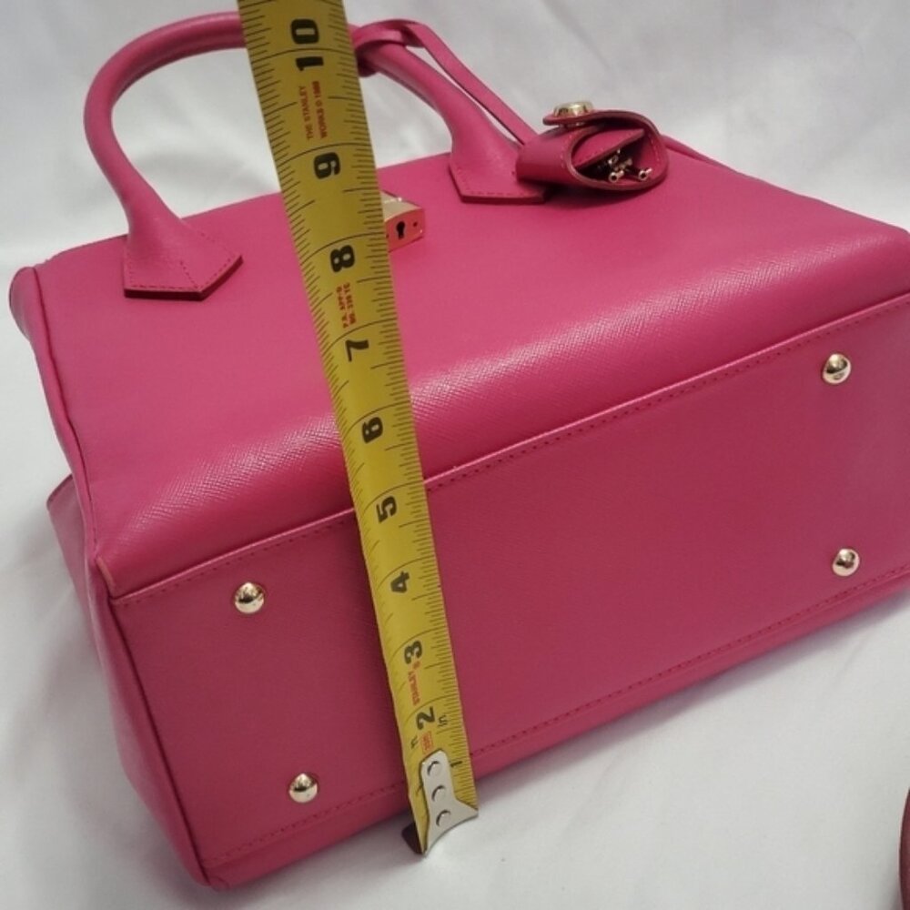 Samantha Thavasa Hot Pink Saffiano Leather Satchel Bag Padlock Crossbody Gold - Picture 3 of 15